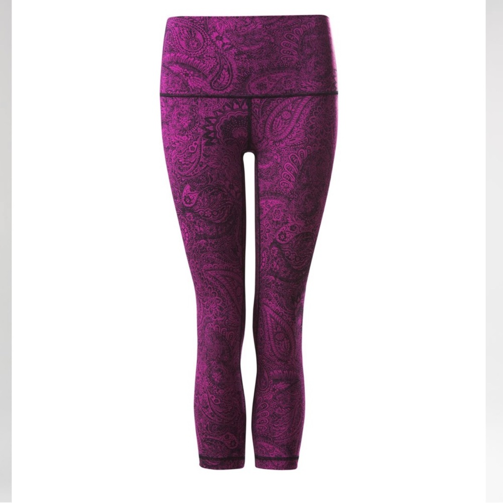 Lululemon Wunder Under Crop Hi-Rise Antique Paisley Deep Fuschia Black Size 6